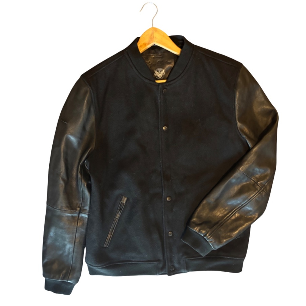 Superdry Super Leather Varsity Jacket Men’s XL Black Wool & Leather •